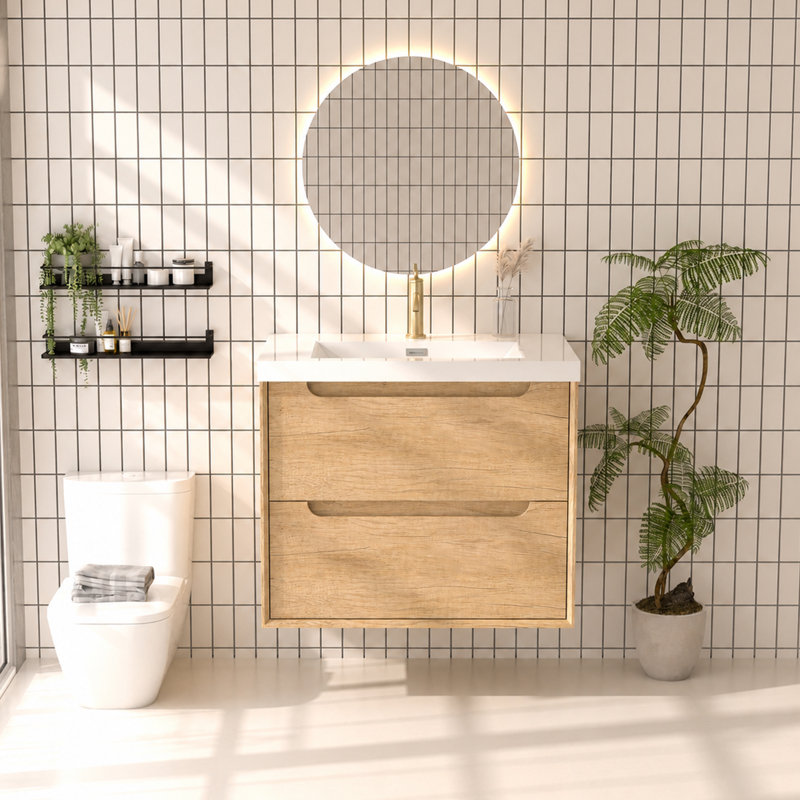 Meuble-lavabo mural avec lavabo en résine intégré - chêne naturel, 30