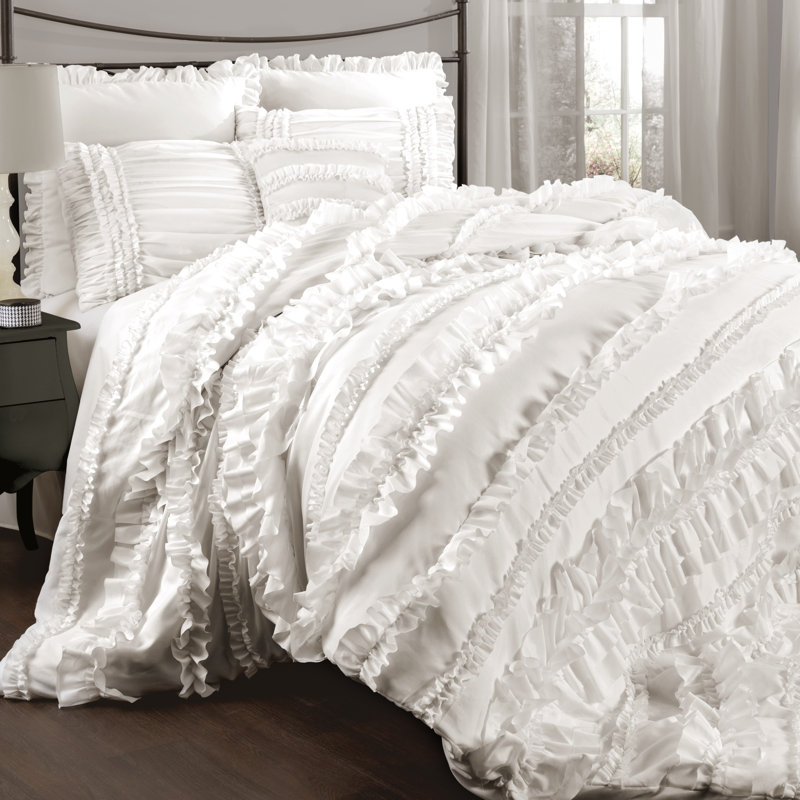 Belle White Microfiber Queen Ruffled Comforter Set