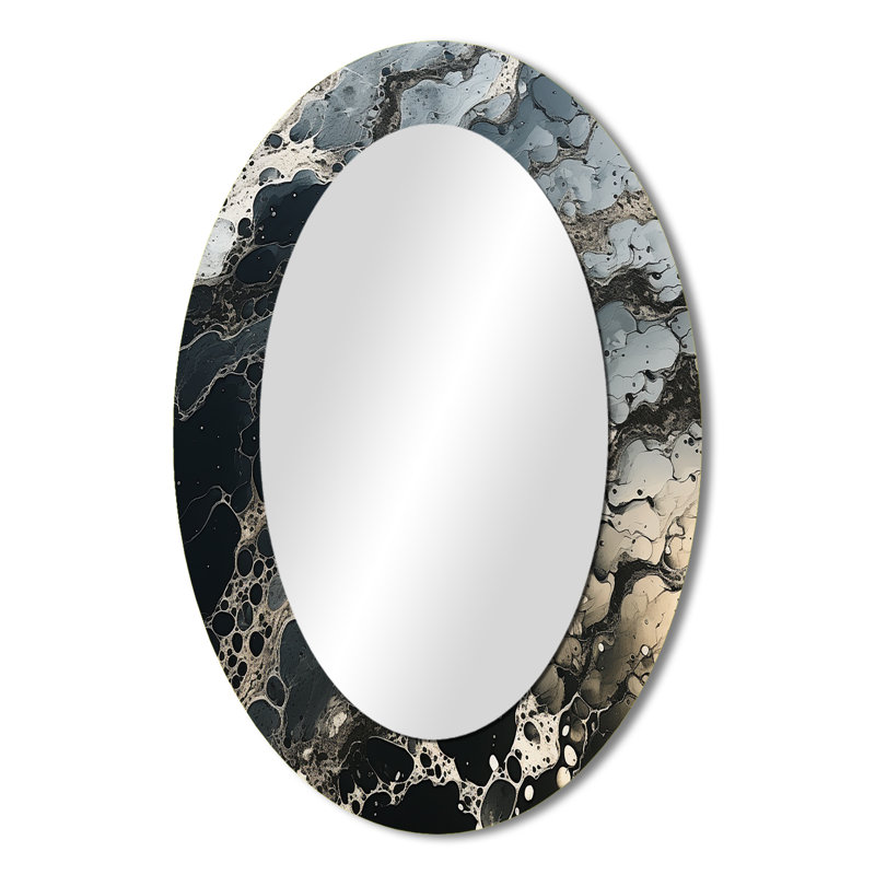 Noir et blanc liquide Ink River II - grand miroir mural ovale sur métal, 36 po x 24 po
