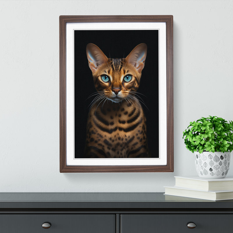Bengal Cat Minimalism - Single Picture Frame Print on Wood, Walnut Framed, 34cm H x 25cm W