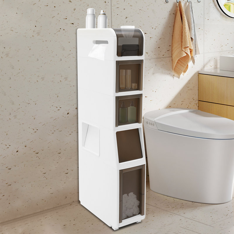 Slim Rolling Bathroom Storage Cabinet with Trash Bin & Drawers