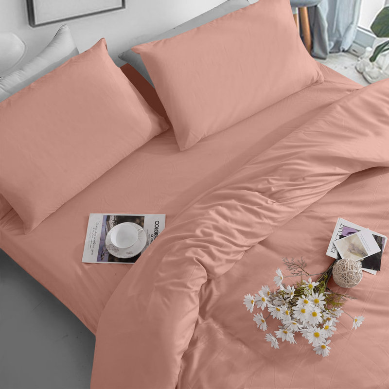Soft Dyed Microfiber Duvet Cover Set with Matching Pillowcases Breathable Fitted Sheet Bedding Set, Peach