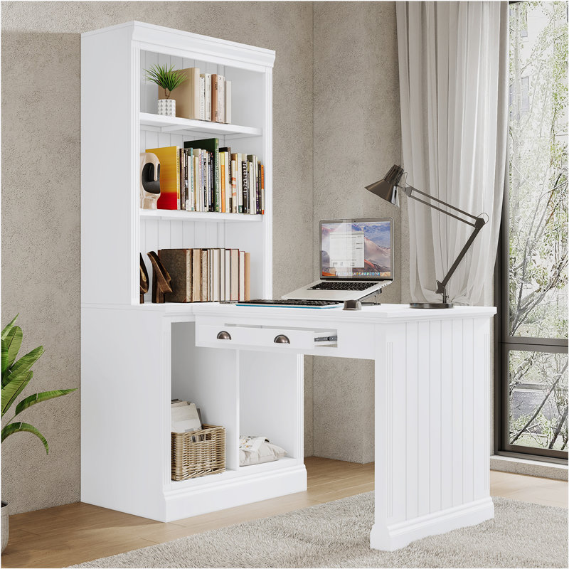 83.4"Tall Bookshelf &Writting Desk Suite,Modern Bookcase Suite with LED Lighting, Drawers,Study Desk and Open Shelves,2-Piece Set Storage Bookshelf for Living Room,Home Office,Study room,White
