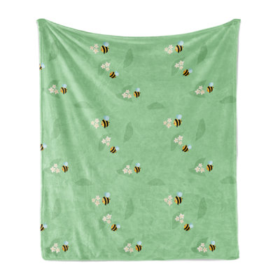 Ambesonne Bees Fleece Throw Blanket Flying Insects Flowers Doodle Pale Green Earth Yellow