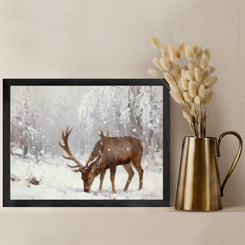 «Black Bucks in the Snow», reproduction d'art encadrée noire, H 13 po x l 17 po
