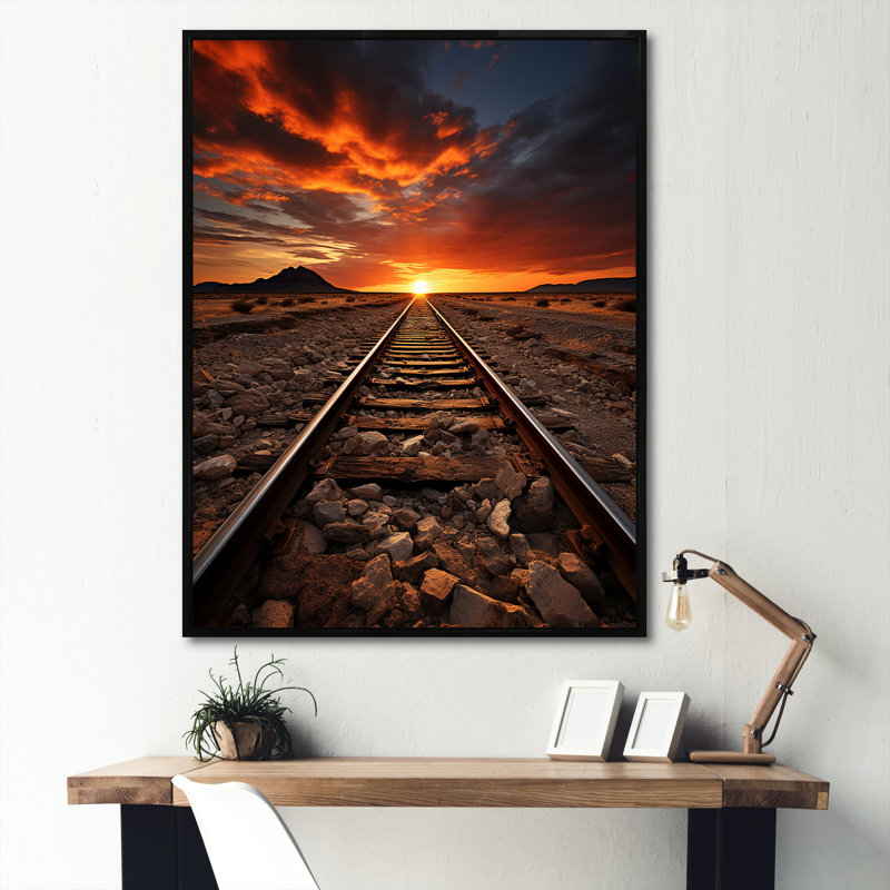 Chemin de fer dans un paysage coucher de soleil I sur toile, Cadre flottant noir, H 32 po x l 24 po x P 1 po