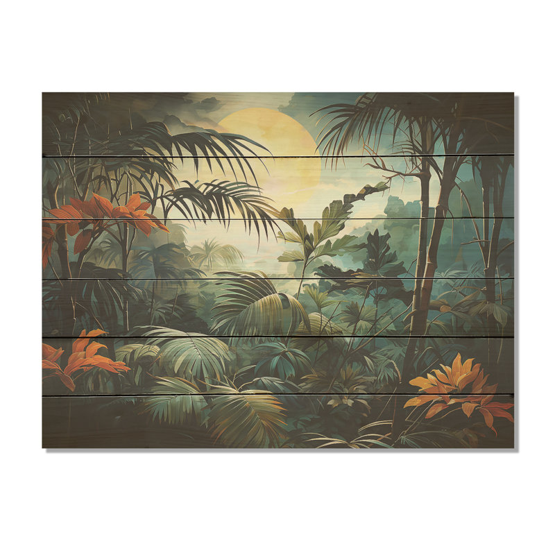 Fantasy Jungle Plants Under Moonlight - Plants Wood Art On Natural Pine Wood, 10" H x 20" W