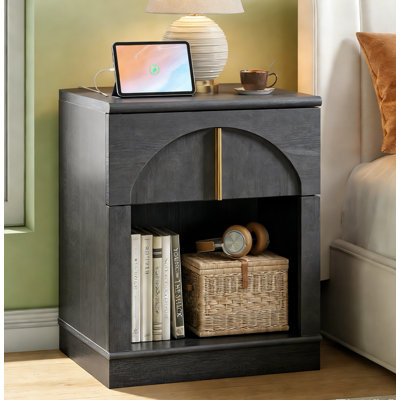 Table de chevet 18 po avec station de charge, table d'appoint avec tiroir et tablette ouverte, conception en arche