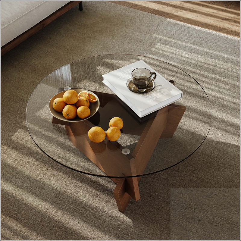 Table basse ronde en verre trempé avec base en placage de bois massif