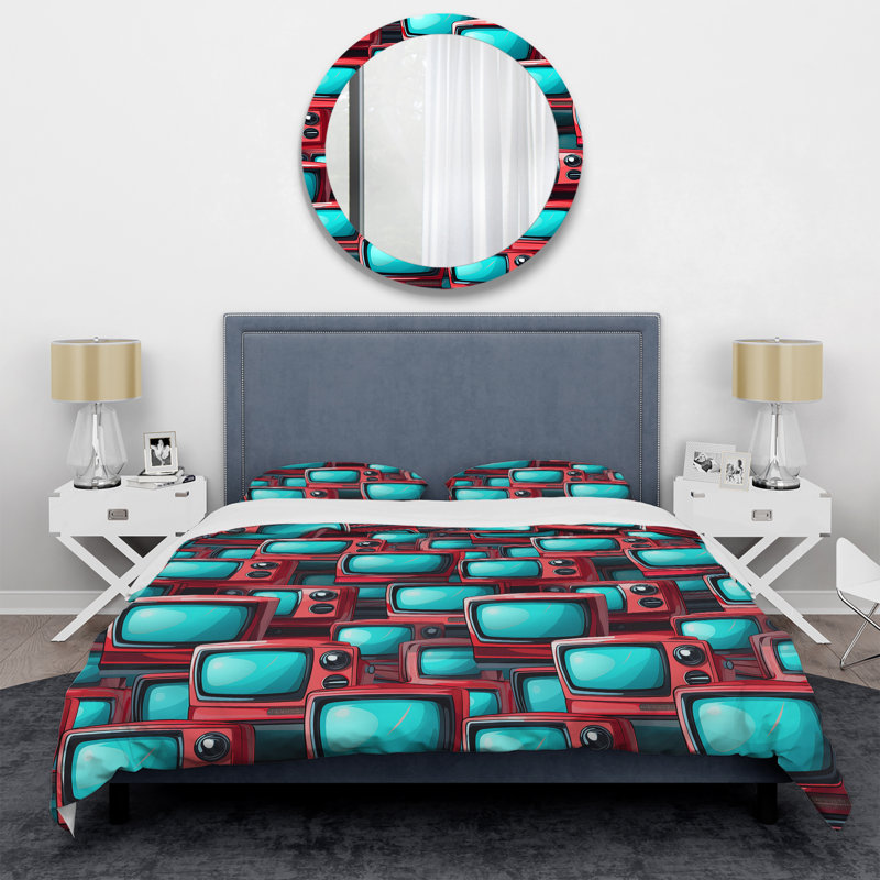 Ensemble de housse de couette rouge et cyan Popart Retro Tv, Housse de couette pour grand lit et 2 taies décor