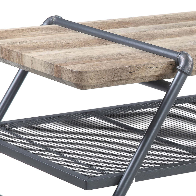 Brantley 47'' Oak and Gray Industrial Coffee Table with Metal Mesh Shelf