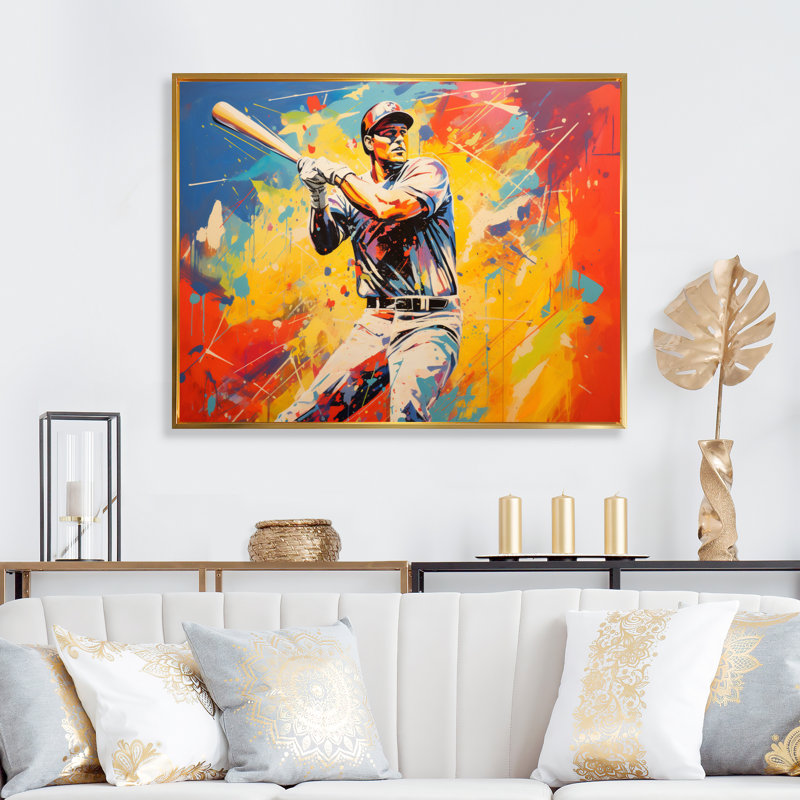 Pop Art Baseball Homerun sur toile, Cadre flottant doré, H 30 po x l 40 po x P 1,5 po