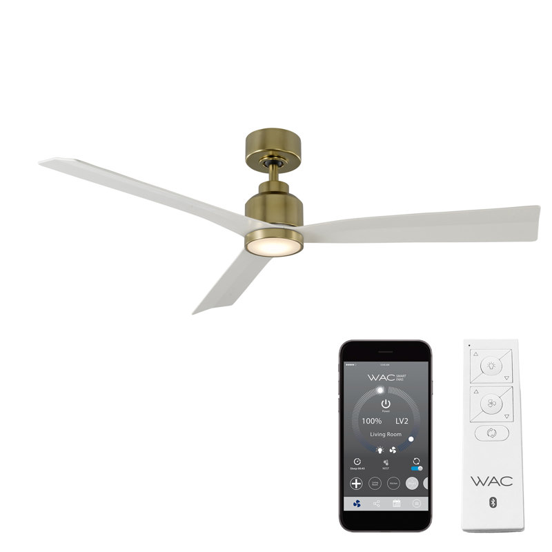 52" Smart Home Compatible 3 Blade Smart Ceiling Fan with Remote, Satin Brass with Matte White Blades, With Light Kit