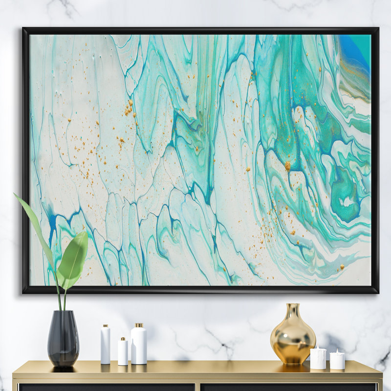 Bleu/blanc pastel/marbre doré-reproduction d’art sur toile, H 36 po x l 46 po x P 1,5 po, Cadre flottant noir
