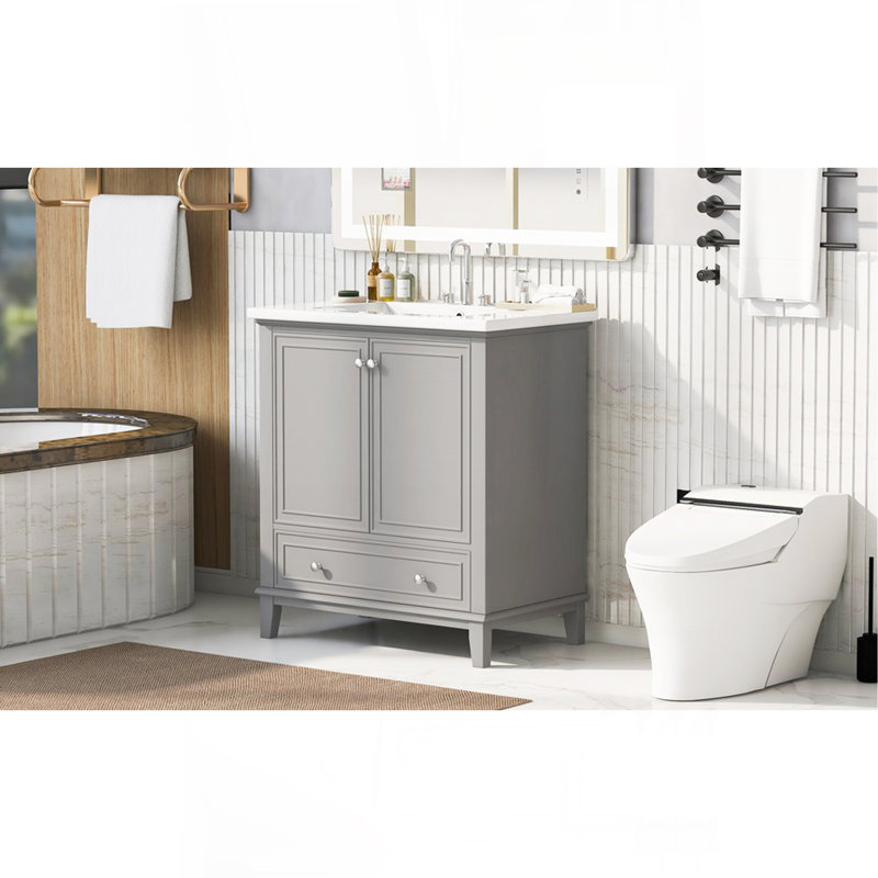 Ensemble de meuble-lavabo multifonctionnel avec portes et tiroir 30 po avec cadre et panneau de fibres à densité moyenne, gris
