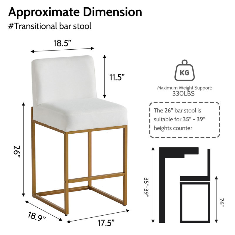 Ensemble de 3 tabourets de bar à hauteur de comptoir 26 po avec base en métal mat en lin blanc neige