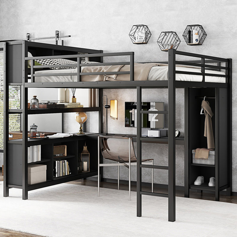 Metal Loft Bed with Wardrobe And L-shaped Desk, Loft Bed with Storage Cubes and Shelves, Heavy Duty Loft Bed for Kids Teens Adults