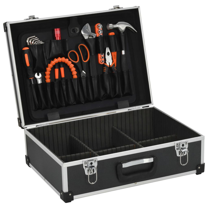 Black Aluminum Tool Suitcase with Multiple Compartments and Pockets