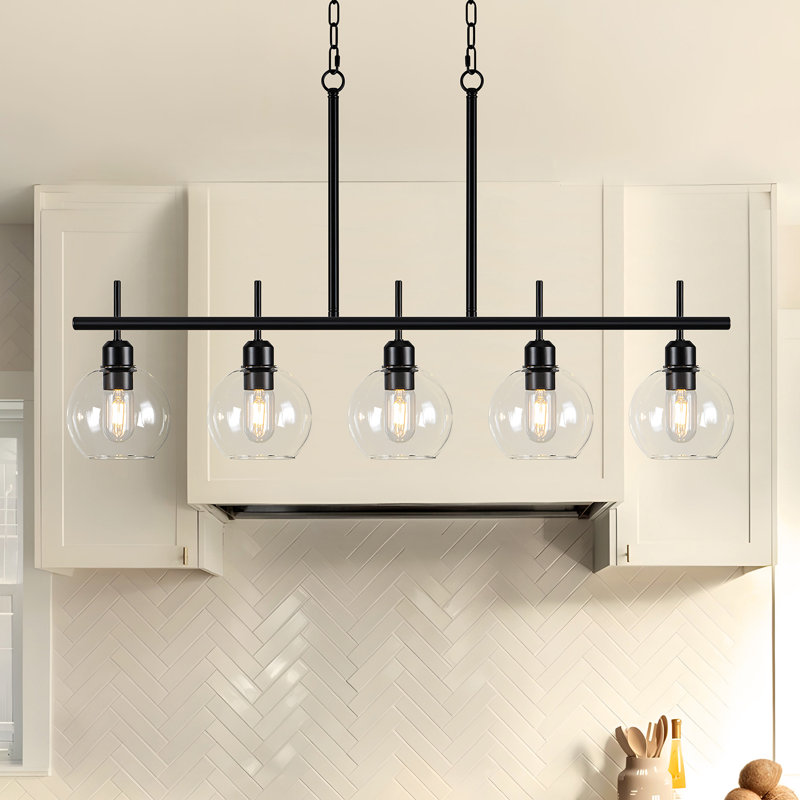 Aaziyah 5-light Modern Kitchen Island Linear Pendant Light With Clear Globe Glass Shades, Matte Black