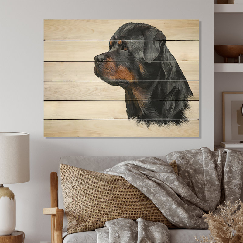 Dessin du chien Rottweiler - impression traditionnelle sur bois noir, H 30 po x l 40 po x P 1 po