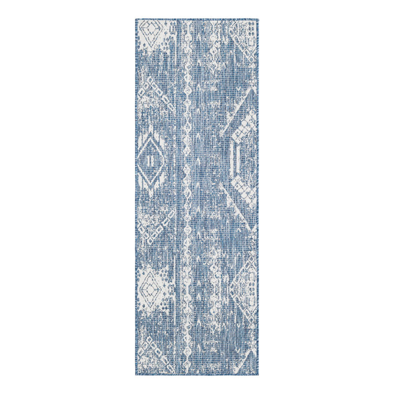 Bonnetta Geometric Machine Woven Polypropylene Indoor / Outdoor Area Rug in Blue/Ivory, Runner 2' x 6'