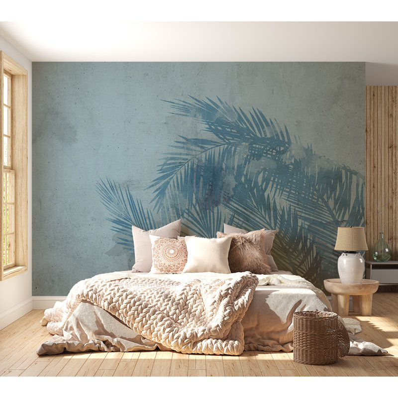 Papier peint botanique - Feuilles de palmier en bleu, L 55 po x l 78 po