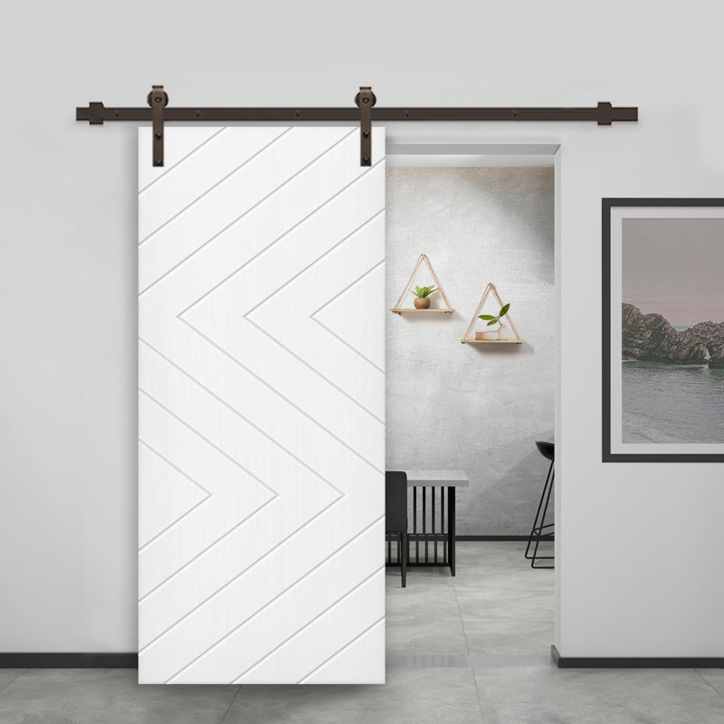 Porte de grange à panneaux et en bois manufacturé avec quincaillerie d'installation, 30 po x 96 po, Blanc, Café noir