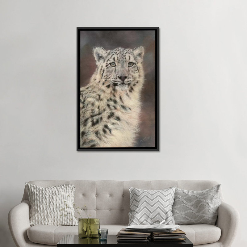 « snow leopard portrait », impression sur toile, H 26 po x l 18 po x P 1,5 po, Toile avec cadre noir, Pas de tapis