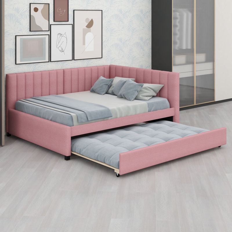 Modern Upholstered Daybed, Includes Trundle, Pink