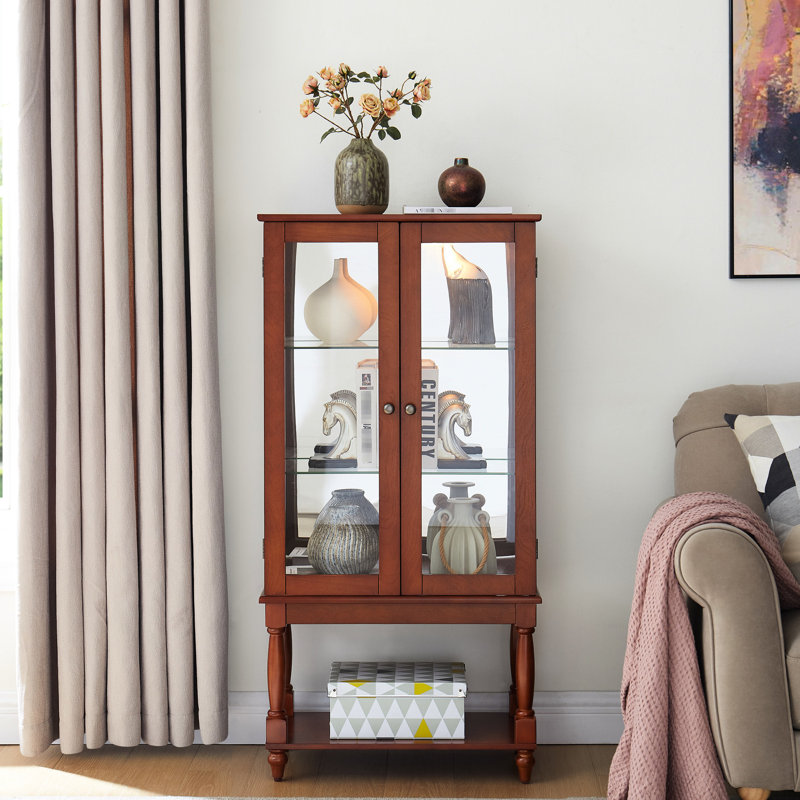 Vitrine à rangement ouvert: pieds en bois massif, portes en verre trempé, tablette ajustable