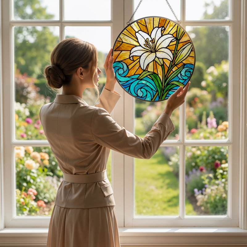 7.8"H Lily Waves Stained Glass Window Panel, 7.8" H x 7.8" W