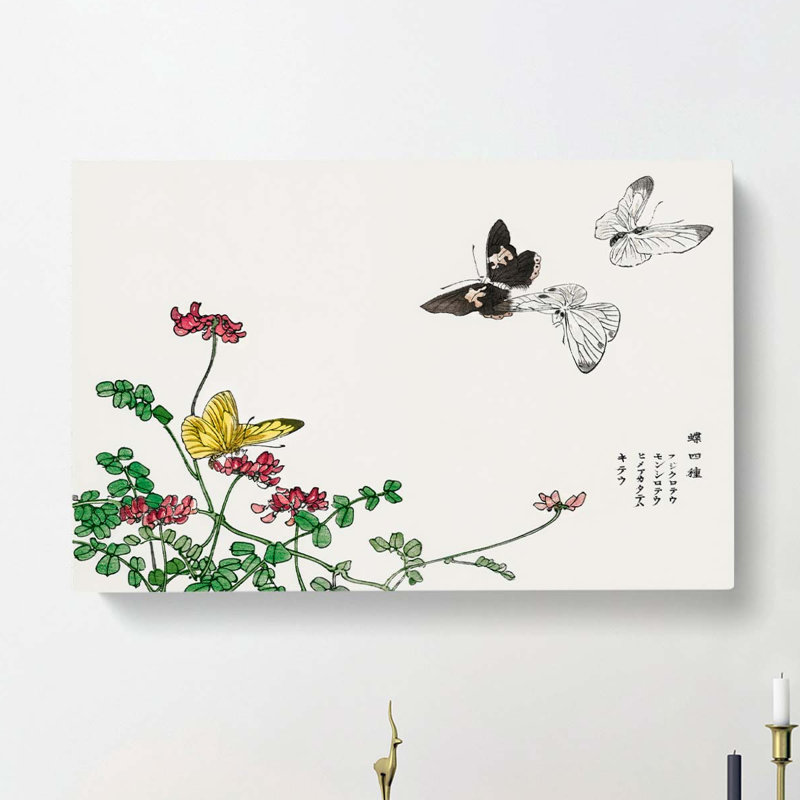 Butterflies & Pink Flowers by Morimoto Toko - Wrapped Canvas, 35cm H x 50cm W x 3cm D