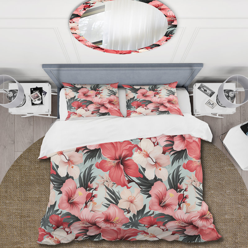 Ensemble de housse de couette Hibiscus Romance, Housse de couette pour grand lit et 2 taies décor