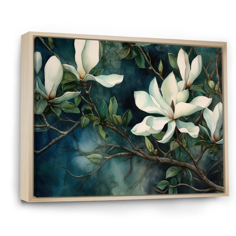 Magnolias vert et blanc - art mural floral pour le salon, Cadre naturel flottant, H 30 po x l 40 po x P 1,5 po