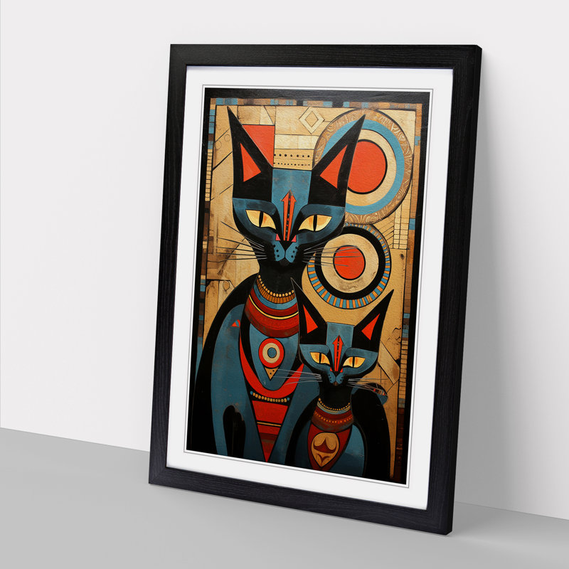 XYZ-FRM-V1223-606 Egyptian Cat Constructivism No.4 - Single Picture Frame Print on Wood, 64cm H x 46cm W x 2cm D, Black 