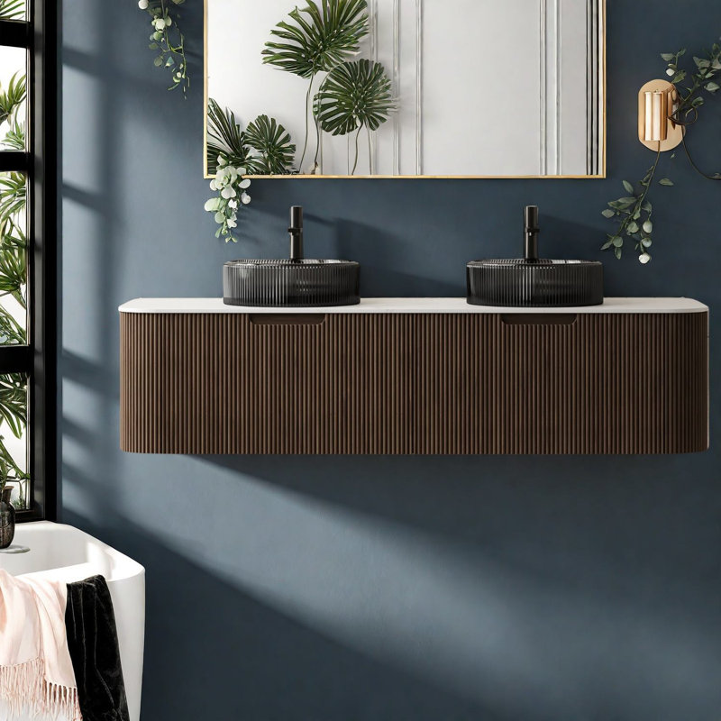 Meuble-lavabo moderne (doit inclure le meuble-lavabo et le lavabo), lavabo double flottant en noyer de 60 pouces