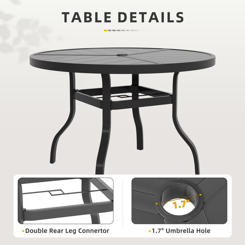 51.2" Round Black Outdoor Dining Table For 6 With Umbrella Hole, 28.7"H x 51.2"L x 51.2"W