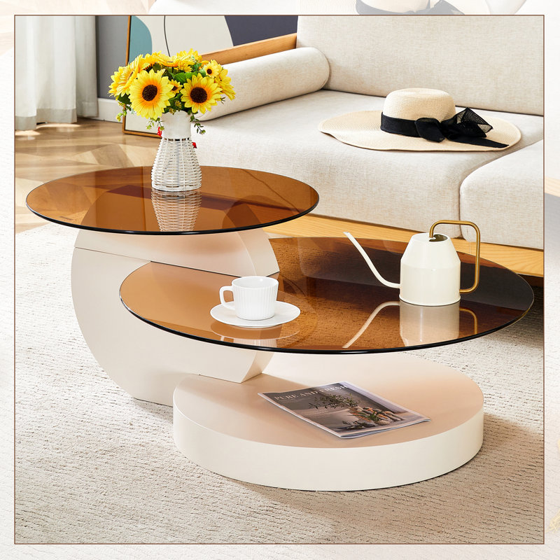 Table basse gigogne moderne Varese, Blanc, Brun transparent, H 17 po x l 42 po x P 31,5 po