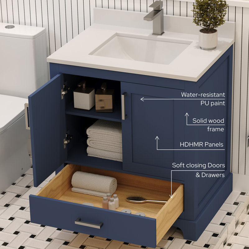 Meuble-lavabo en bois massif avec lavabo 30 po Maya - blanc, 2 portes à fermeture douce, 1 tiroir à pleine extension, Bleu