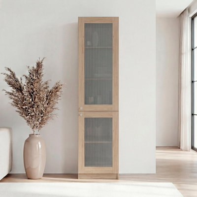 Armoire de rangement moderne en chêne naturel avec 5 tablettes et façade en verre
