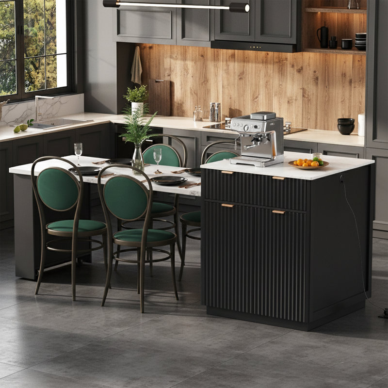 82.6" Fluted Kitchen Island With Extendable Dining Table For 4-6 - Island With Power Outlet And Faux Marble Top - Double-Sided Storage - Black