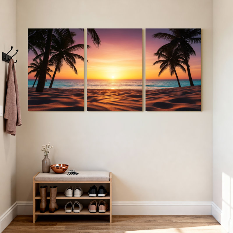 Palmiers, coucher de soleil, plage, palmiers, ciel, océan, sable, horizon, ensemble de 3 impressions sur toile