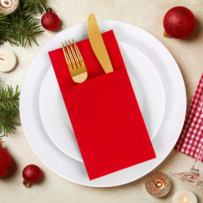 Serviettes de table jetables rouges en papier avec poche, paquet de 100