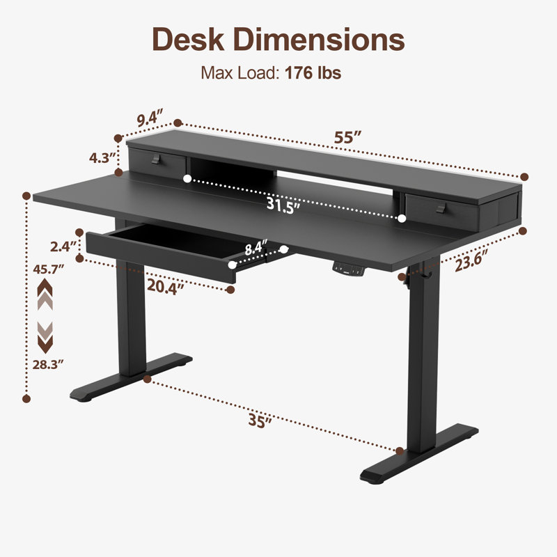 Electric Height Adjustable Desk with Storage Shelf,Standing Desk with 3 Drawers for Home Office, 45.7" H x 55" W x 23.6" D