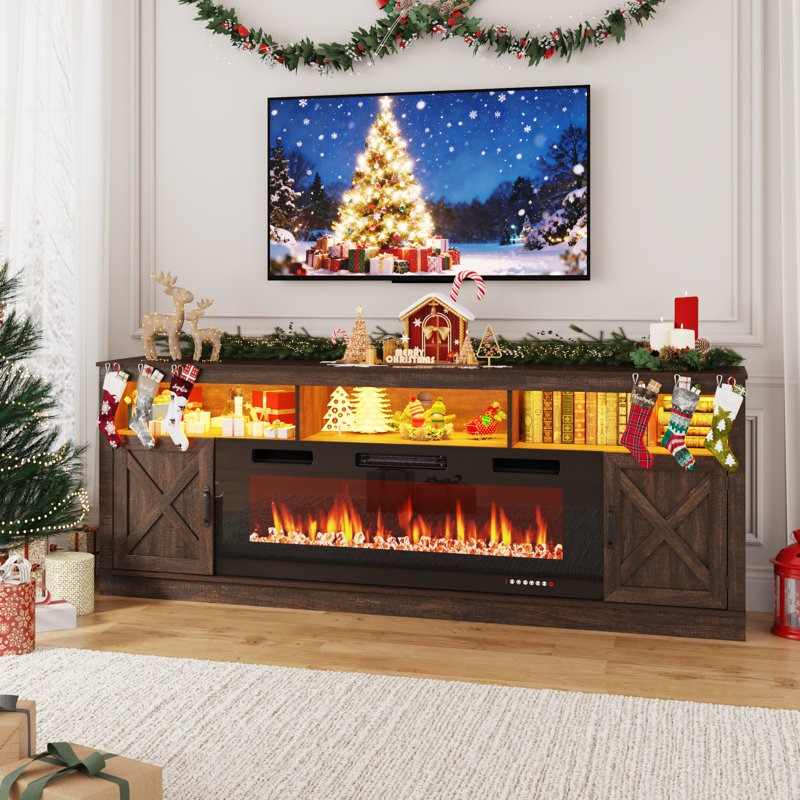 Zev Storage Credenza with Fireplace Included, Brown, 31.5" H x 70.8" W x 13.8" D