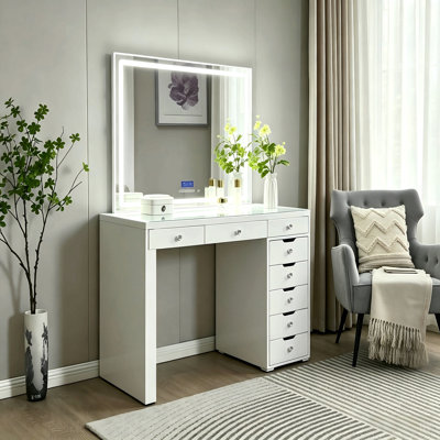 LED Lighted Vanity Table with 8 Drawers, Glass Top Dressing Desk
