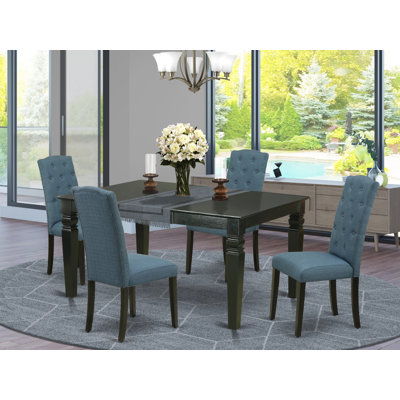 5 Piece Dining Room Set Includes a Rectangle Wooden Table with Butterfly Leaf and 4 Mineral Blue Linen Fabric Parson Dining Chairs, Black
