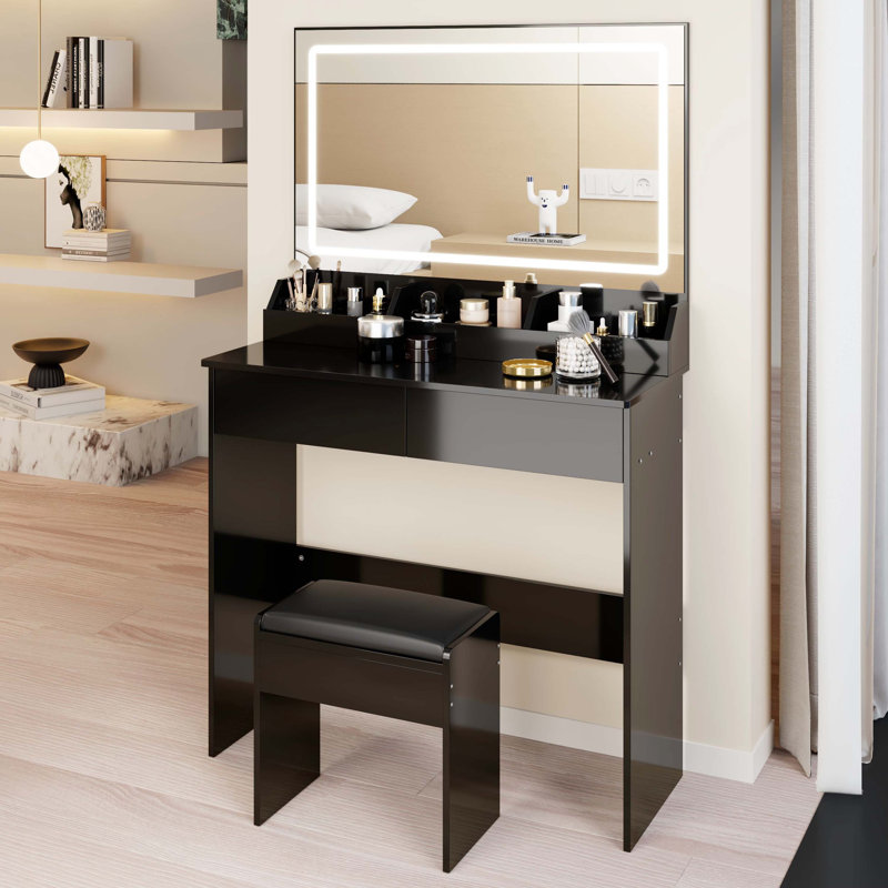Ensemble de coiffeuse avec miroir à DEL 31 po x 20 po et tabouret à coussin souple, interrupteur tactile, 3 couleurs, luminosité réglable, rangement de grande capacité, compact pour les petits espaces