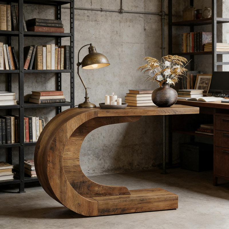 Table de couloir contemporaine, console moderne, table basse en forme de C, Brun rustique