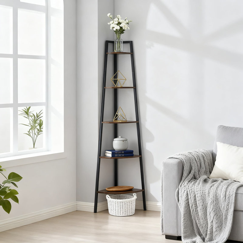 5-Tier Corner Shelf With Metal Frame, Industrial Ladder Display Stand For Living Room, Kitchen, Home Office And Small Spaces
